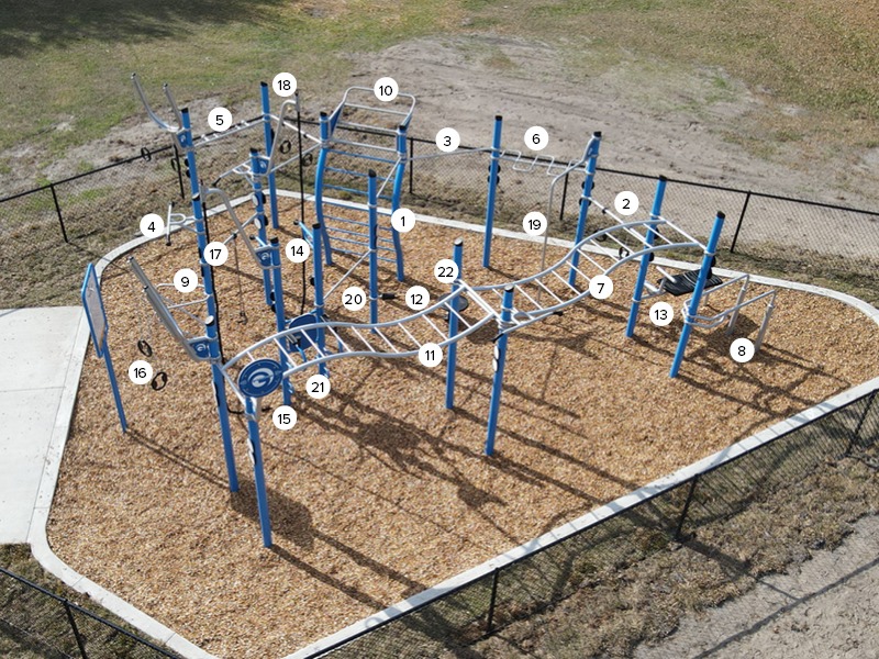 A custom blue and silver functional fitness rig in a park with numbers pointing to each component