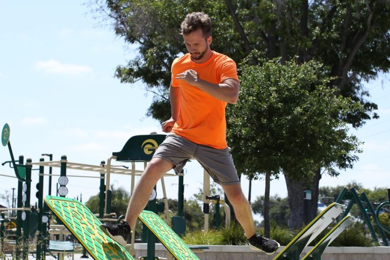 A man using the slanted jump boards
