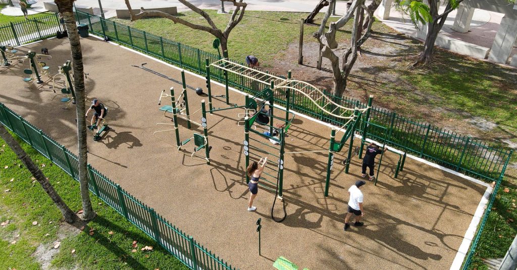 Overhead view of the custom fitness rig at Margaret Pace Park